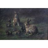 Jeanne Sarah Nath. Micas (act.1852-1865) oil on panel - A Family of Hares, signed and dated 1859, i