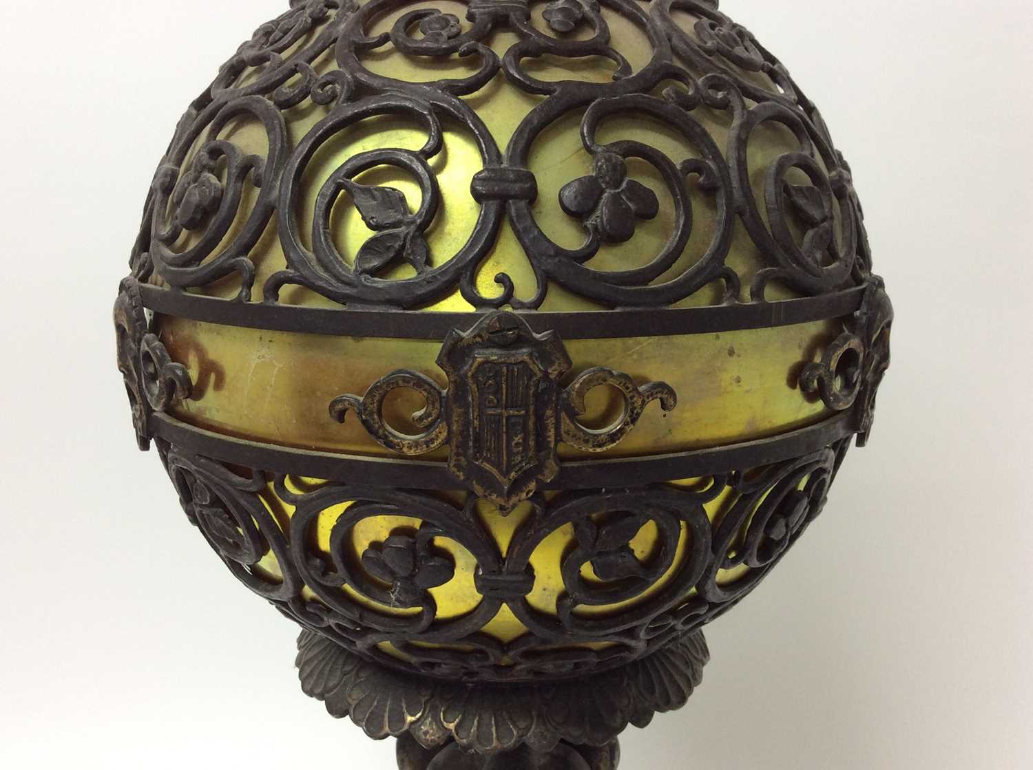 Early 20th century Continental metalware and iridescent glass table lamp - Image 7 of 8