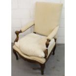 Early 19th century Continental high back elbow chair with carved frame on cabriole legs