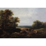 19th century, English School, oil on canvas - figures and cattle in an extensive landscape, in gilt