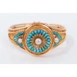 Fine quality 19th century French Etruscan revival gold turquoise, diamond and pearl hinged bangle, t