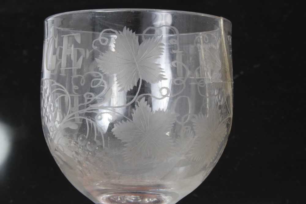 Unusual antique Georgian glass goblet, engraved 'WILLIAM STRANGE OFFICER', with etched and cut grape - Image 6 of 9