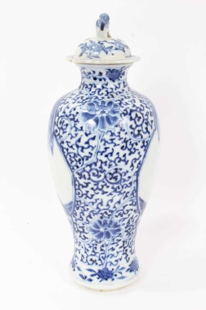 Pair 19th century Chinese blue and white porcelain baluster vases and cover, decorated with figural - Image 3 of 17