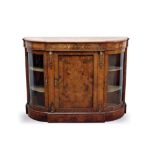 Victorian burr walnut and marquetry inlaid bowfront credenza