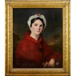 English School, 18th century, manner of Romney, portrait of a lady in red cloak and white lace bonne