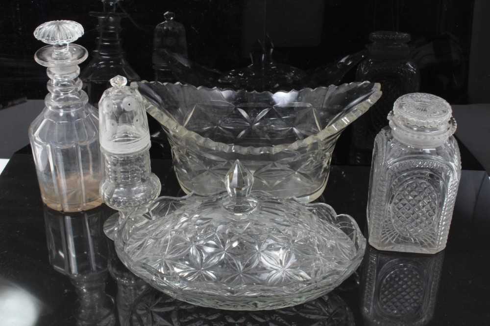 Group of early 19th century cut glass, including a three-ring decanter with mushroom stopper, a squa
