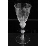 Jacobite style wine glass, 20th century, engraved with a bust portrait of Bonnie Prince Charlie, wit
