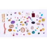 Group of unmounted gemstones to include three antique carved shell cameos, precious and synthetic st