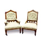 Pair of Victorian arts and crafts his and hers inlaid brown oak armchairs, each with button back stu