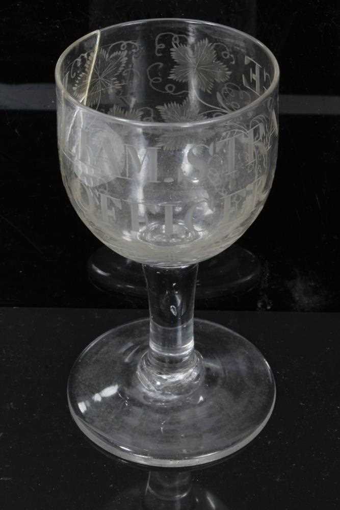 Unusual antique Georgian glass goblet, engraved 'WILLIAM STRANGE OFFICER', with etched and cut grape