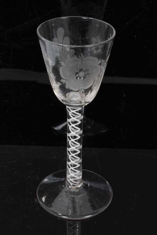 Georgian cordial glasses comprising a pair with Jacobite engraved rose, thistle, star and leaf decor - Image 2 of 13