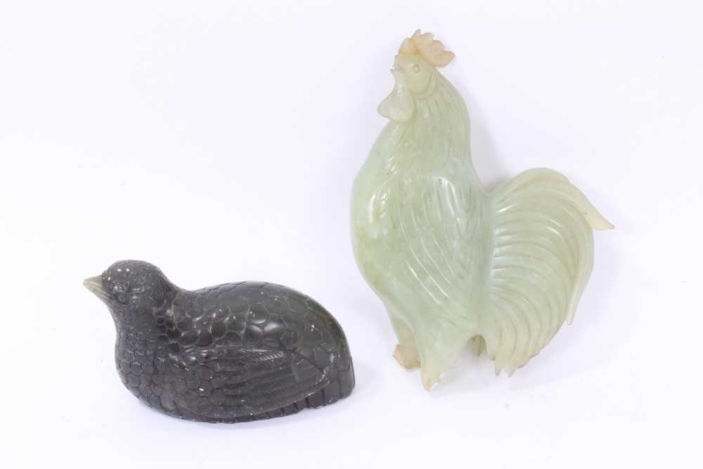 Carved soapstone sculpture of a quail and carved jade rooster a/f