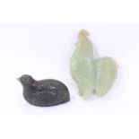 Carved soapstone sculpture of a quail and carved jade rooster a/f