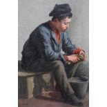 Joseph Dixon Clark (1849-1944), oil on board, a boy peeling potatoes into a bucket, signed, in gilt