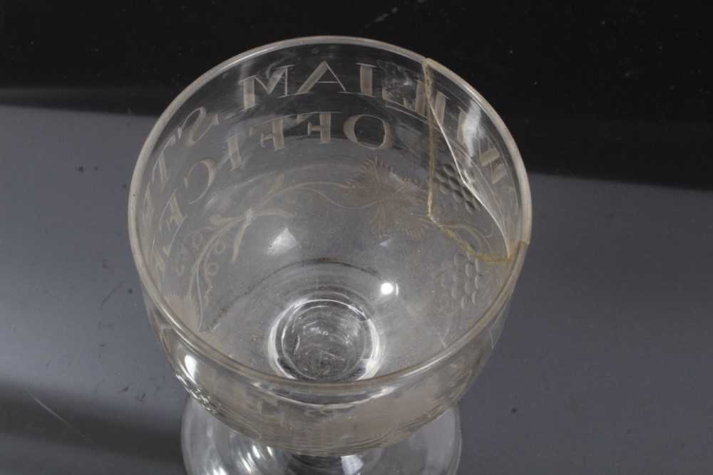 Unusual antique Georgian glass goblet, engraved 'WILLIAM STRANGE OFFICER', with etched and cut grape - Image 8 of 9