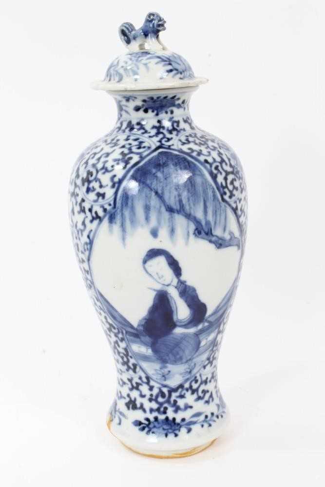 Pair 19th century Chinese blue and white porcelain baluster vases and cover, decorated with figural - Image 12 of 17