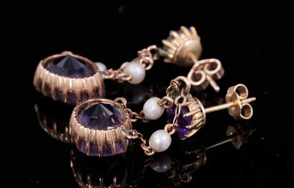 Pair of amethyst and cultured pearl pendant earrings with an oval mixed cut amethyst measuring appro - Image 4 of 4