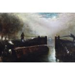 Follower of Turner, oil on board, lock gate by moonlight, indistinctly signed