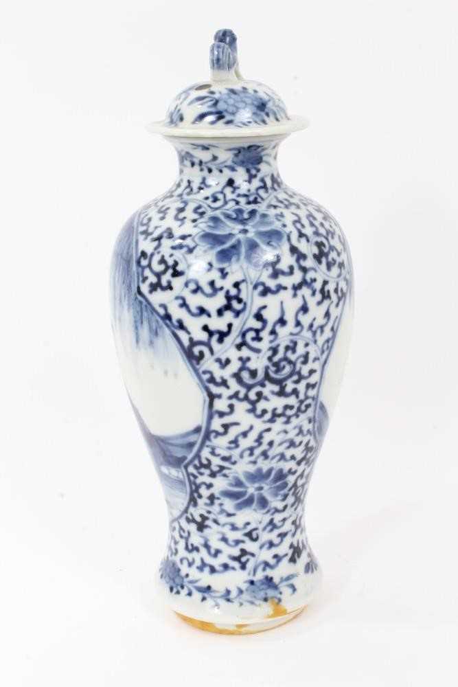 Pair 19th century Chinese blue and white porcelain baluster vases and cover, decorated with figural - Image 11 of 17