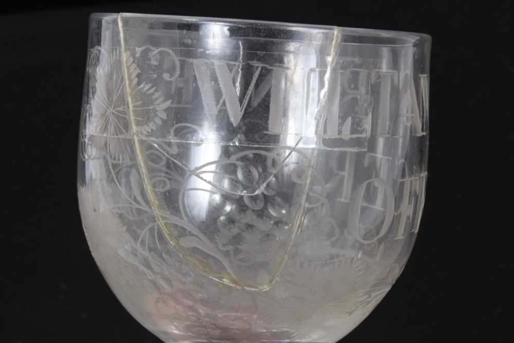 Unusual antique Georgian glass goblet, engraved 'WILLIAM STRANGE OFFICER', with etched and cut grape - Image 2 of 9