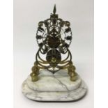 Victorian brass skeleton clock on white marble base by John Vale of Bury St Edmunds