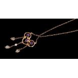 Edwardian Art Nouveau gold amethyst and pearl pendant necklace with three oval cut amethysts within