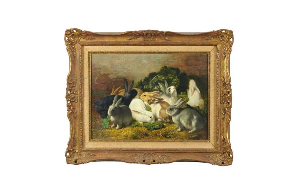 Eugene Remy Maes (1849-1931) oil on panel - Rabbits Feeding, signed adn inscribed verso, in gilt fra