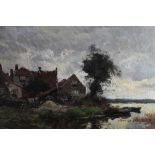 Post impressionist school, oil on canvas, backs of houses beside a river, indistinctly signed