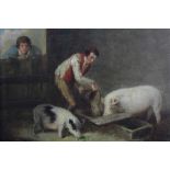 Circle of George Morland (1762-1804) oil on canvas - Feeding the Pigs, in maple veneered frame, 22cm