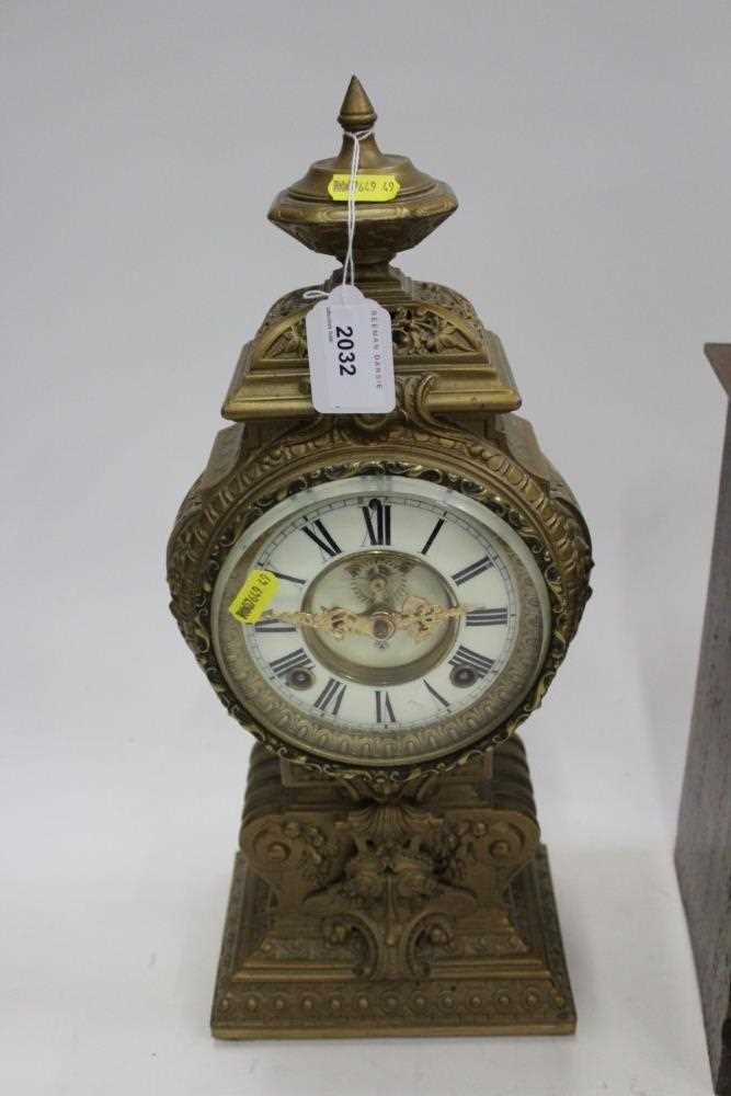 Ornate American mantel clock in gilt case By the Ansonia Clock Co. New York and another oak mantel c - Image 2 of 12