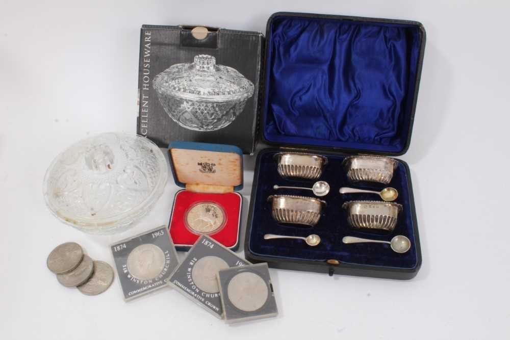 Set four silver salts in fitted case, 1977 Silver Jubilee coin, other coins and glass sugar bowl in