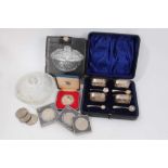 Set four silver salts in fitted case, 1977 Silver Jubilee coin, other coins and glass sugar bowl in