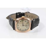 1940s gentleman's 9ct gold cased wristwatch on black leather strap