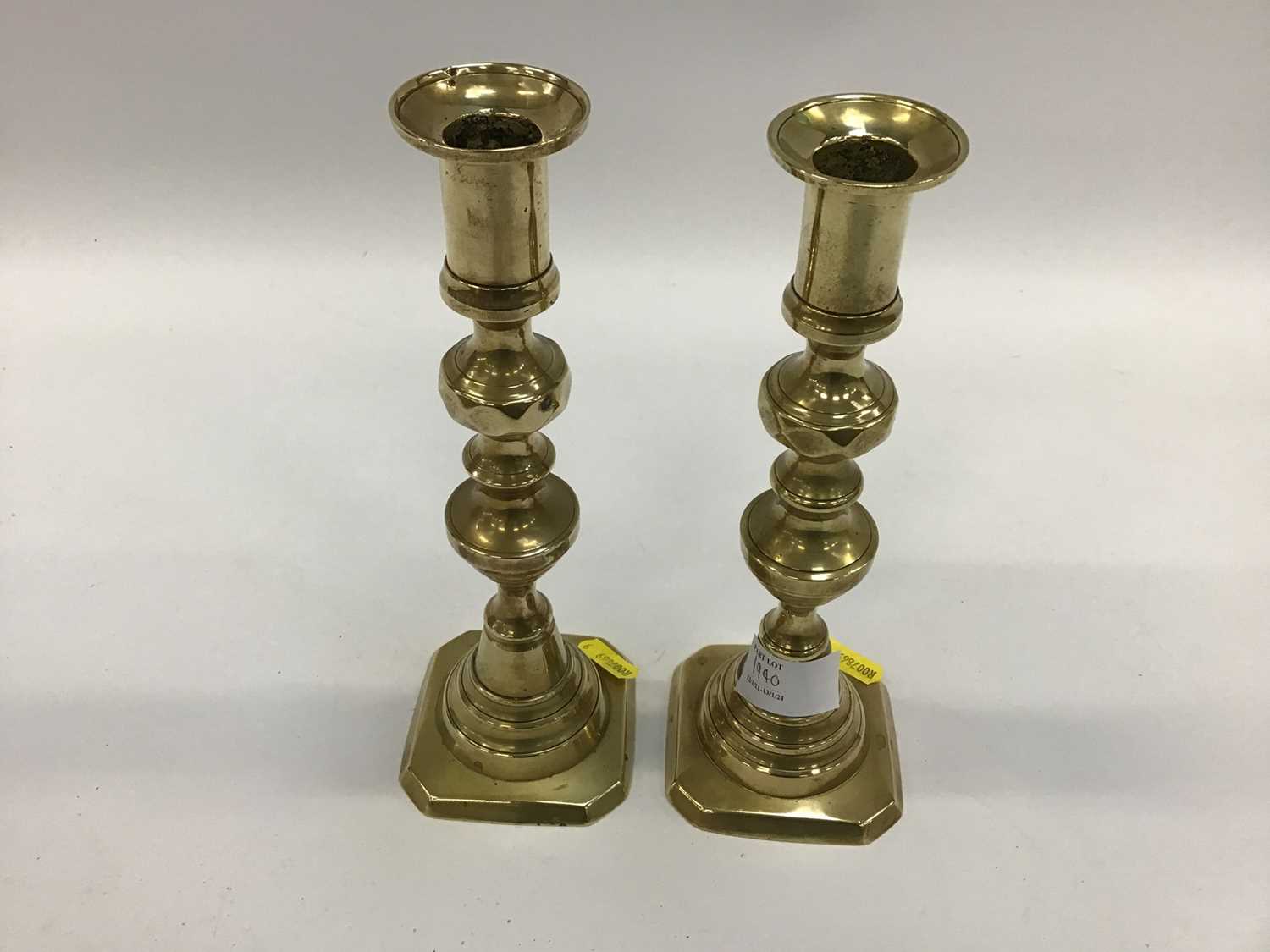 Brass ships barometer, pair of brass candlesticks, telescope and embroidery 'Marguerite' (5) - Image 4 of 4