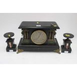 Ebonised wood mantel clock and garniture