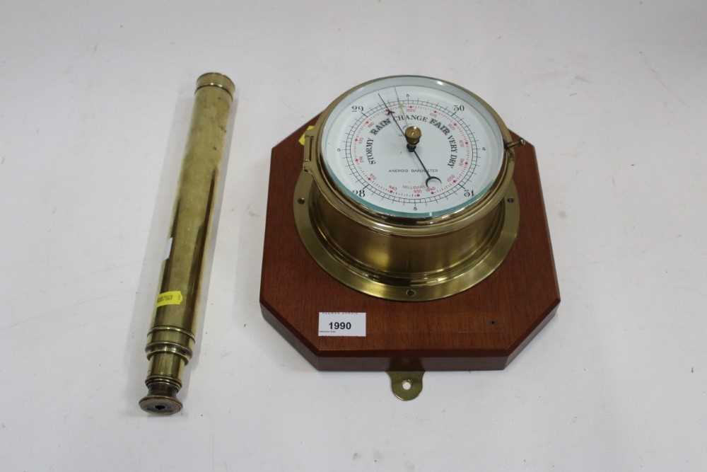 Brass ships barometer, pair of brass candlesticks, telescope and embroidery 'Marguerite' (5)