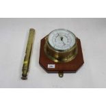 Brass ships barometer, pair of brass candlesticks, telescope and embroidery 'Marguerite' (5)