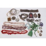 Group silver and white metal jewellery, old coral necklace and other vintage beads