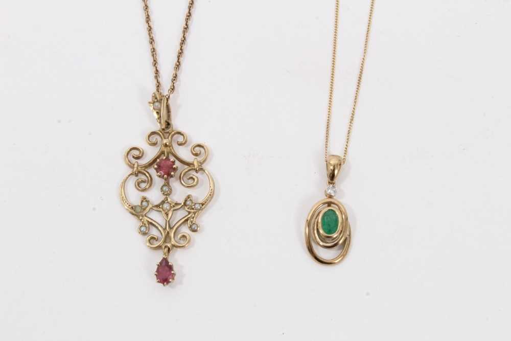Edwardian style 9ct gold open work pendant and 9ct gold emerald and diamond pendant necklace