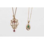 Edwardian style 9ct gold open work pendant and 9ct gold emerald and diamond pendant necklace