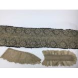 19th century silk Brussels Point de Gaze fine needlepoint matching lace collar, dress front, flounce