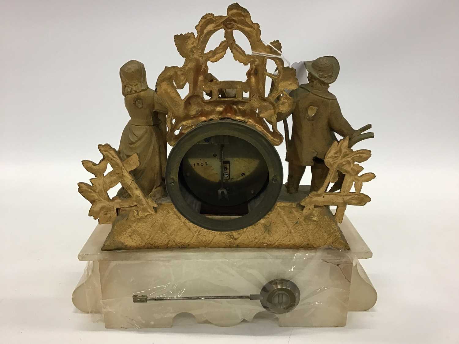 Three French mantel clocks, including an ormolu and onyx figural example, an ormolu and spelter cher - Image 7 of 10