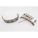 19th c. Chinese gilt metal kingfisher feather tiara and Chinese gilt metal and jade hair ornament