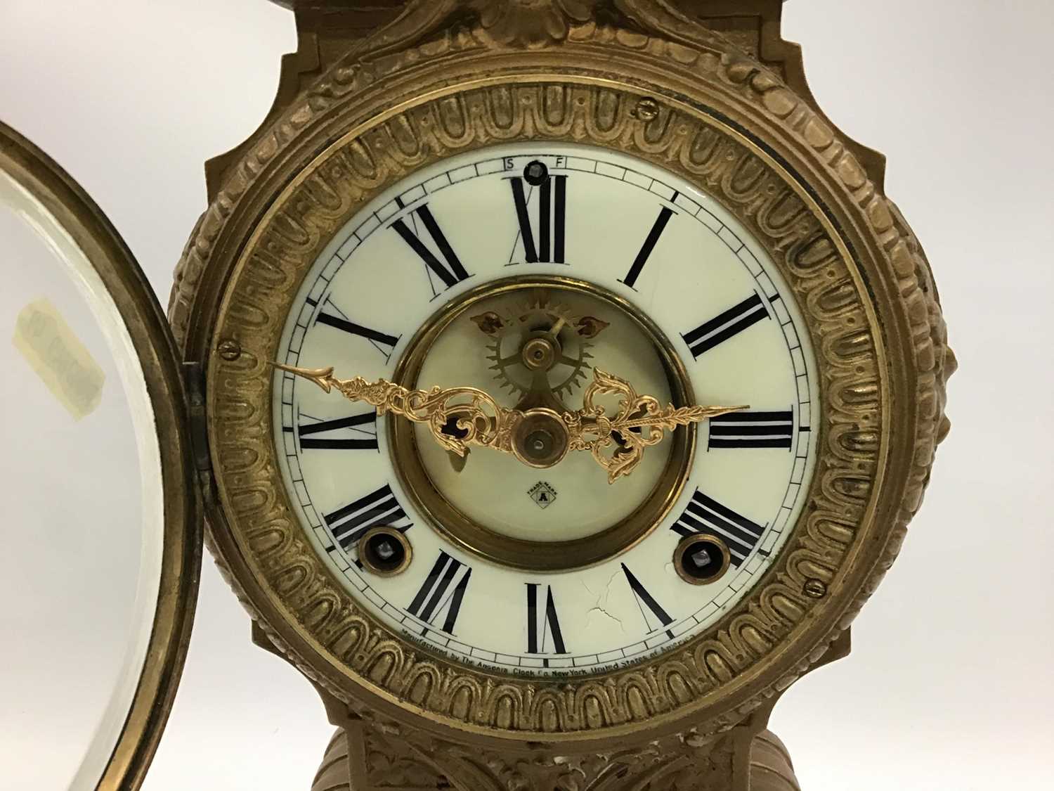 Ornate American mantel clock in gilt case By the Ansonia Clock Co. New York and another oak mantel c - Image 11 of 12