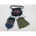 Three Edwardian beadwork, petit point (with matching coin purse) and mesh evening bags