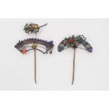 Two old Chinese gilt metal hair pins with kingfisher decoration