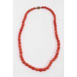 Old Chinese coral necklace with barrel shaped polished beads and oval silver gilt clasp with wire wo