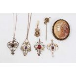 Victorian seed pearl pendant, Edwardian open work pendant, three other similar pendants, stick pin a