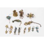 Old Chinese gilt metal and kingfisher feather earrings and jewellery parts