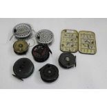 Collection of fishing reels, including a Hardy Viscount 140, Hardy Uniqua 3 1/8", Leeda 80, Condex,